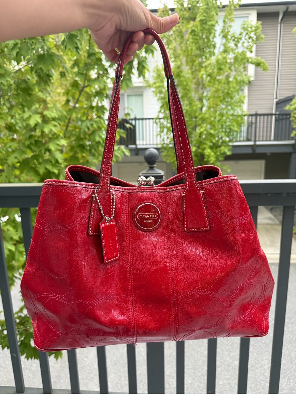 Coach Signature Red Patent Leather Tote F15658